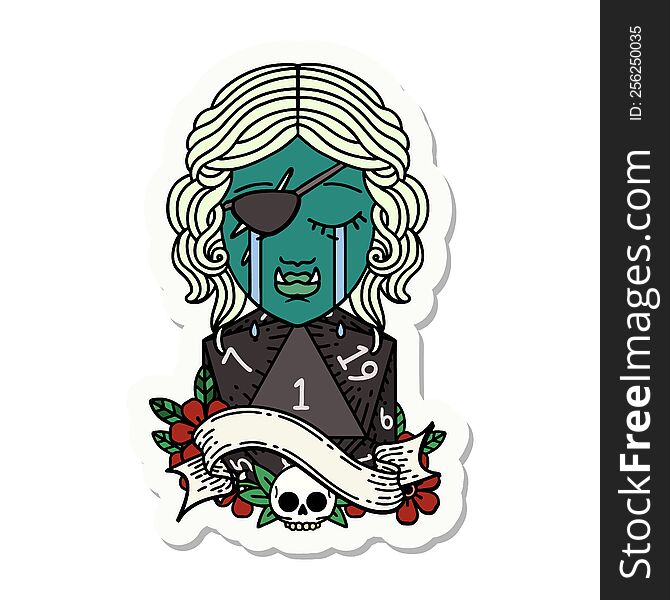 sticker of a crying orc rogue character face with natural one D20 roll. sticker of a crying orc rogue character face with natural one D20 roll