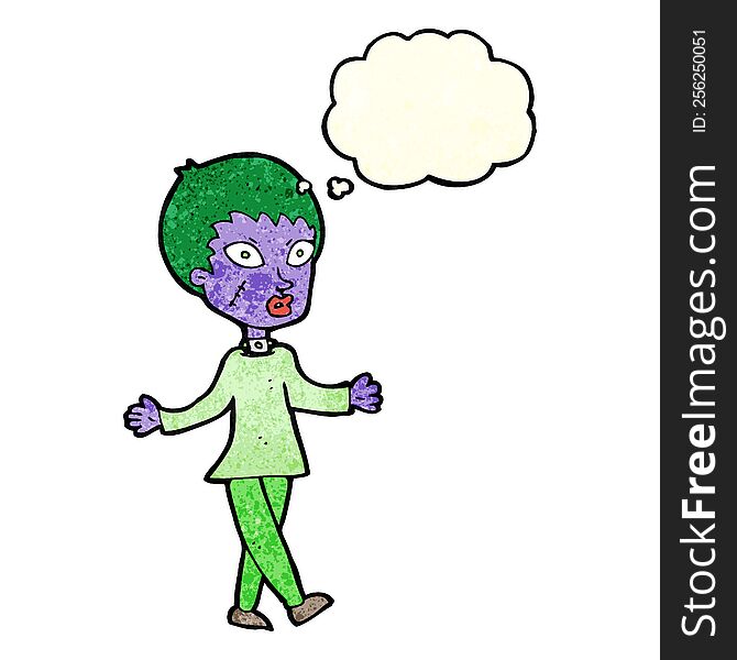 cartoon halloween zombie woman with thought bubble