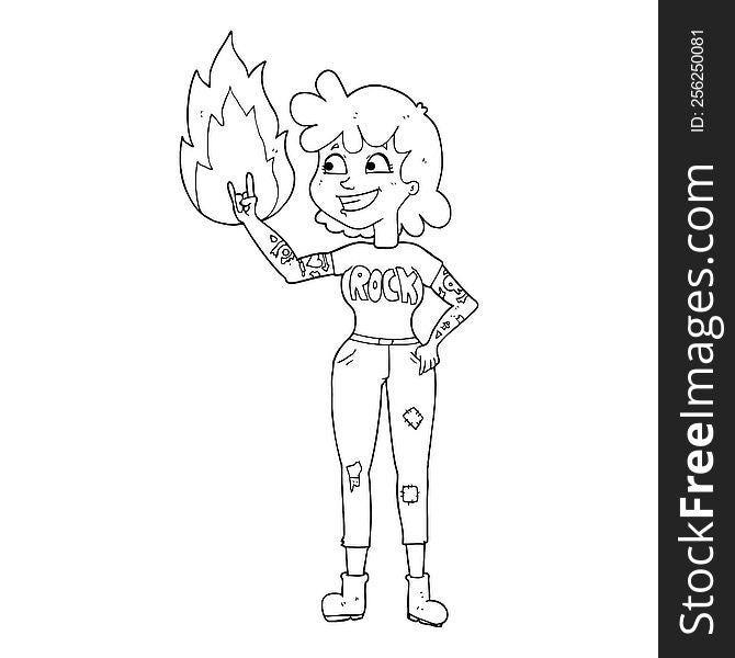 freehand drawn black and white cartoon rock girl