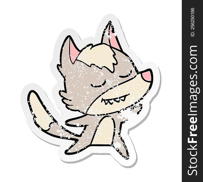 Distressed Sticker Of A Friendly Cartoon Wolf Dancing