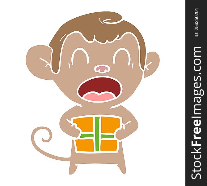 Shouting Flat Color Style Cartoon Monkey Carrying Christmas Gift