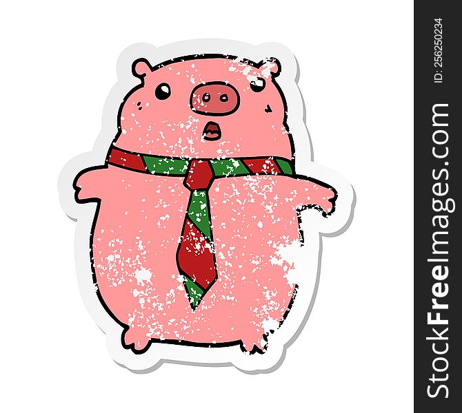Distressed Sticker Of A Cartoon Pig Wearing Office Tie