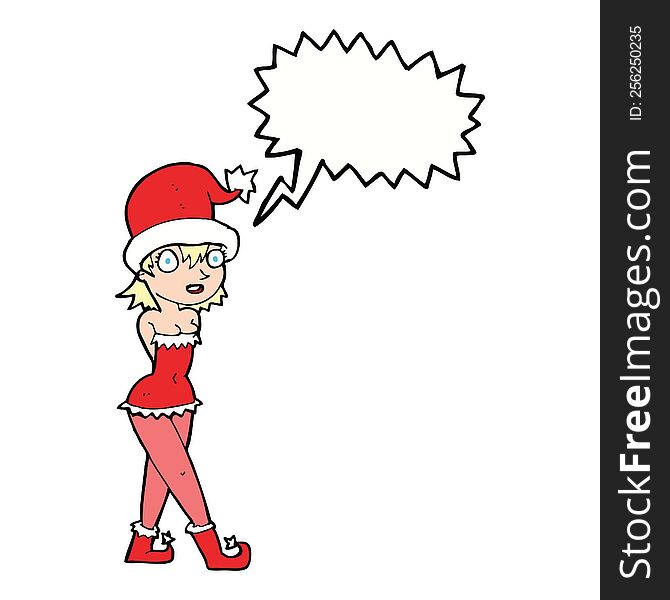 cartoon woman in christmas elf costume with speech bubble