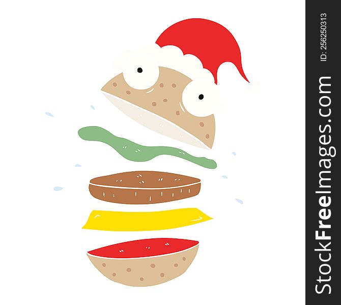 hand drawn flat color illustration of a amazing burger wearing santa hat