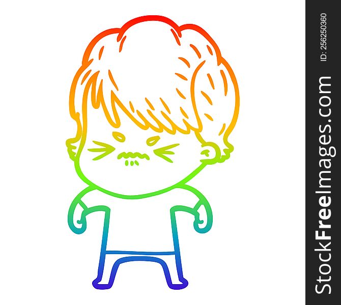 Rainbow Gradient Line Drawing Cartoon Frustrated Woman