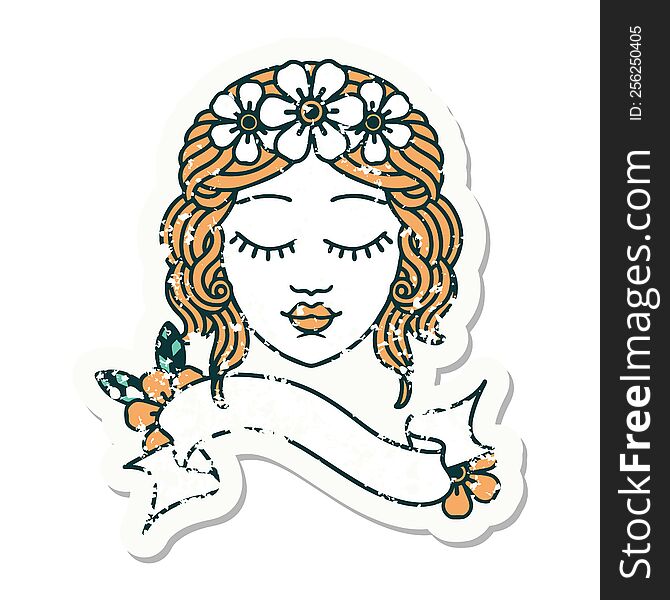 Grunge Sticker With Banner Of A Maidens Face