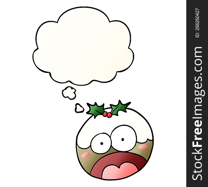 cartoon shocked chrstmas pudding with thought bubble in smooth gradient style