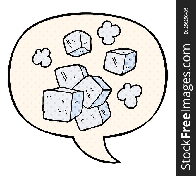 cartoon ice cubes and speech bubble in comic book style