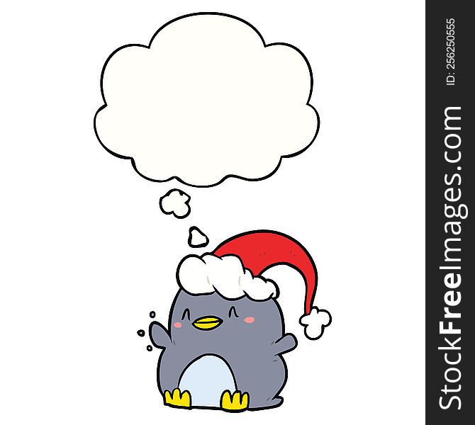 cartoon penguin wearing christmas hat with thought bubble