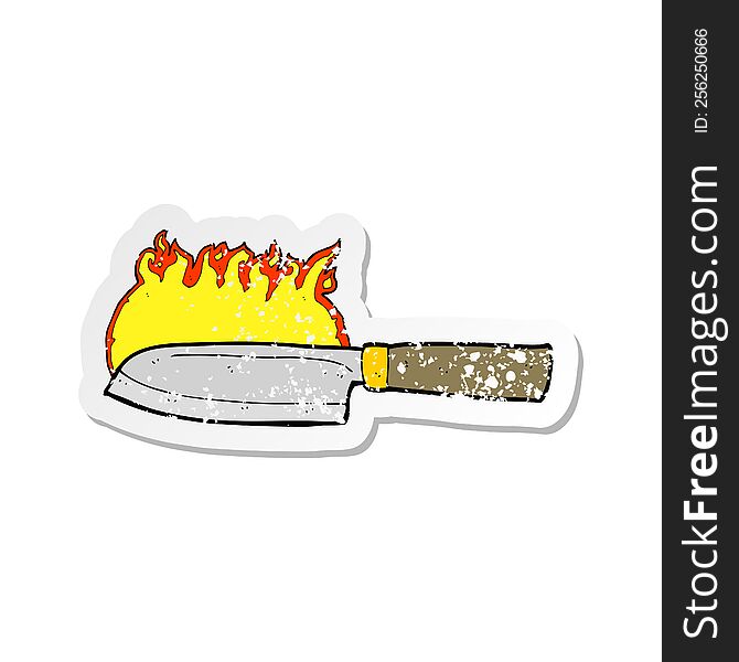 retro distressed sticker of a cartoon kitchen knife on fire