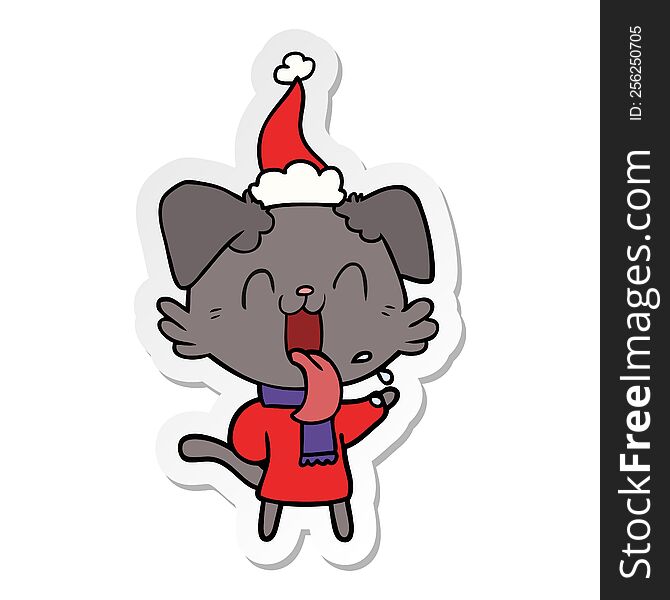Sticker Cartoon Of A Panting Dog Wearing Santa Hat