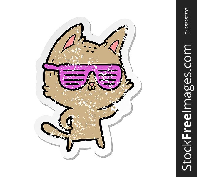 Distressed Sticker Of A Cartoon Cat Wearing Cool Glasses