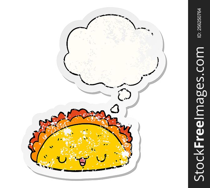 cartoon taco with thought bubble as a distressed worn sticker