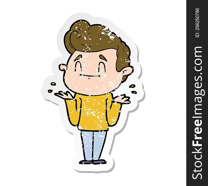 Distressed Sticker Of A Happy Cartoon Man Shrugging