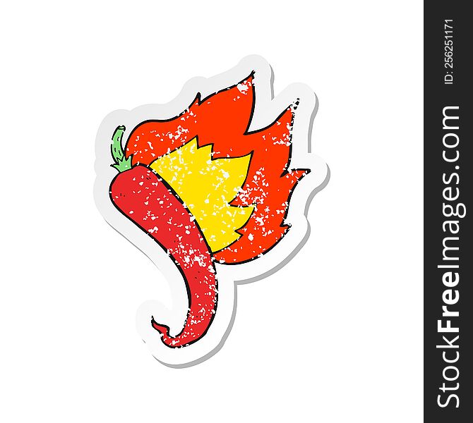 retro distressed sticker of a cartoon flaming hot chilli pepper