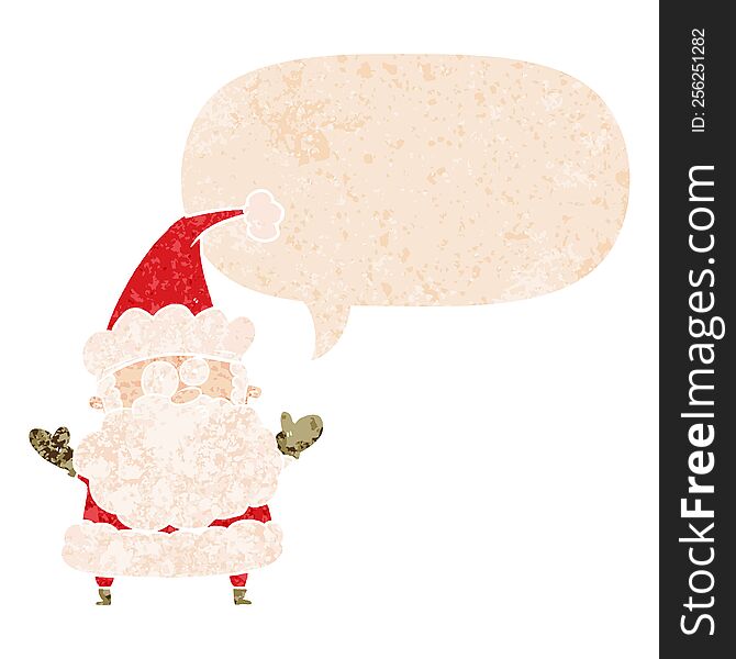 cartoon confused santa claus with speech bubble in grunge distressed retro textured style. cartoon confused santa claus with speech bubble in grunge distressed retro textured style