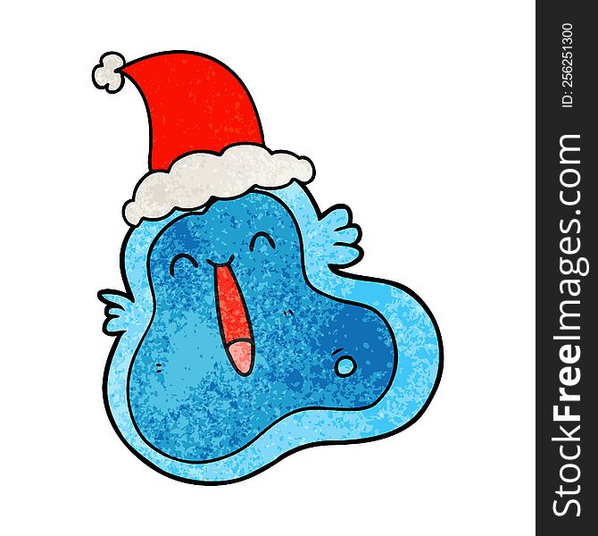 hand drawn textured cartoon of a germ wearing santa hat