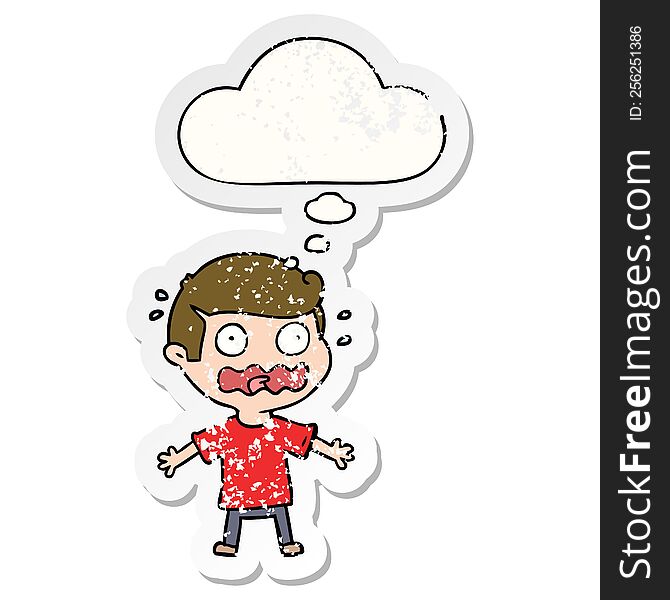 cartoon man totally stressed out and thought bubble as a distressed worn sticker