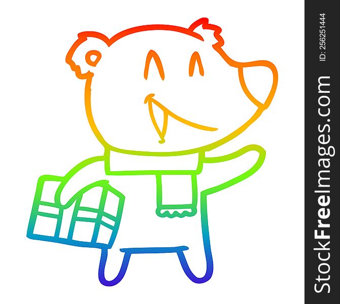 rainbow gradient line drawing of a laughing christmas bear cartoon