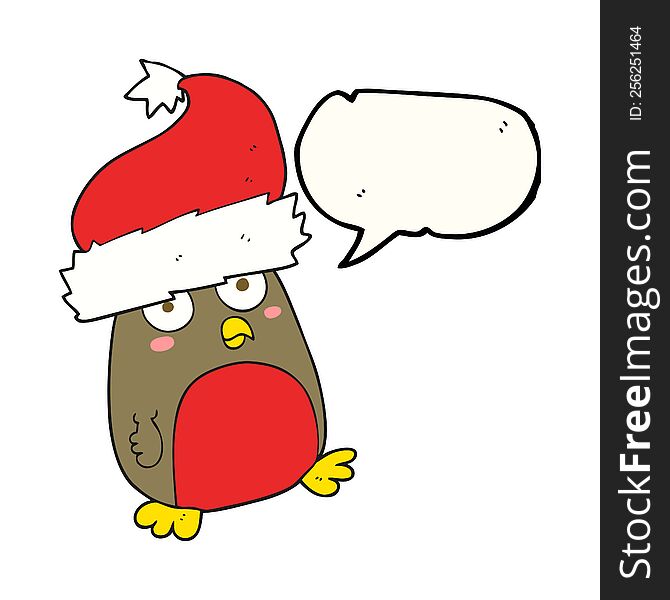 freehand drawn speech bubble cartoon christmas robin wearing christmas hat. freehand drawn speech bubble cartoon christmas robin wearing christmas hat