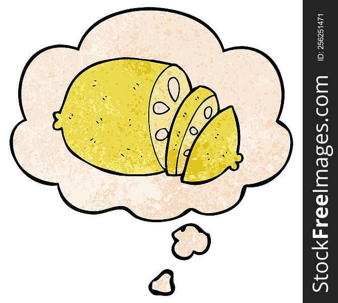 Cartoon Sliced Lemon And Thought Bubble In Grunge Texture Pattern Style