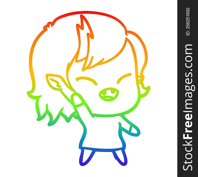 rainbow gradient line drawing of a cartoon laughing vampire girl waving