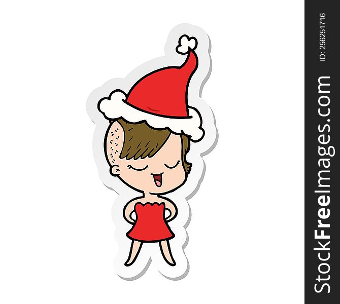 Happy Sticker Cartoon Of A Girl In Cocktail Dress Wearing Santa Hat