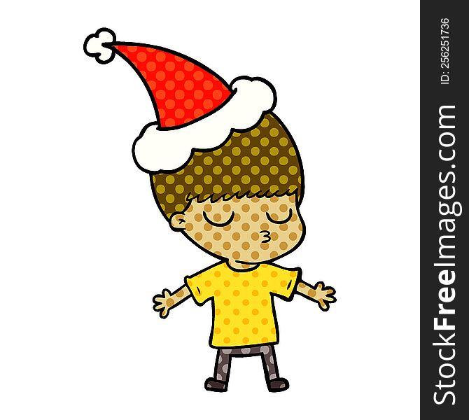 Comic Book Style Illustration Of A Calm Boy Wearing Santa Hat