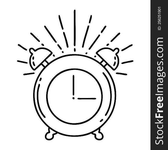 illustration of a traditional black line work tattoo style ringing alarm clock