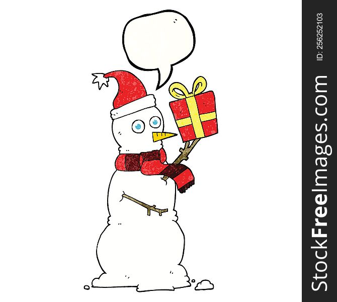 freehand speech bubble textured cartoon snowman holding present