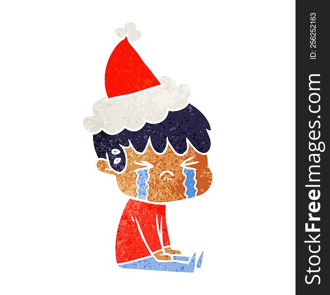 Retro Cartoon Of A Boy Crying Wearing Santa Hat