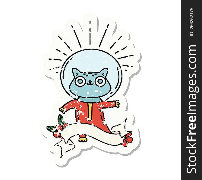 worn old sticker of a tattoo style cat in astronaut suit. worn old sticker of a tattoo style cat in astronaut suit