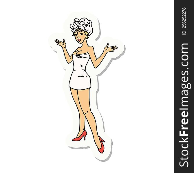 sticker of tattoo in traditional style of a pinup girl in towels. sticker of tattoo in traditional style of a pinup girl in towels