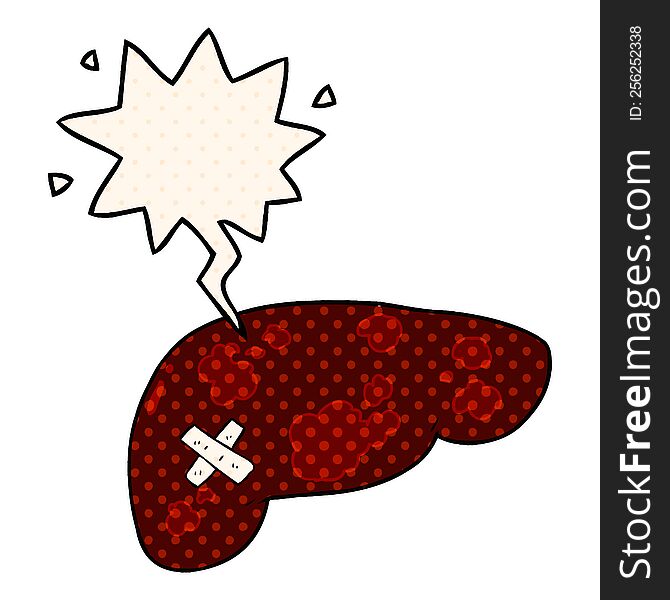 cartoon unhealthy liver with speech bubble in comic book style