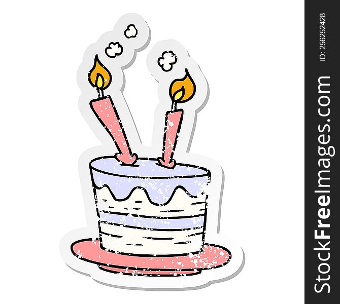 Distressed Sticker Cartoon Doodle Of A Birthday Cake
