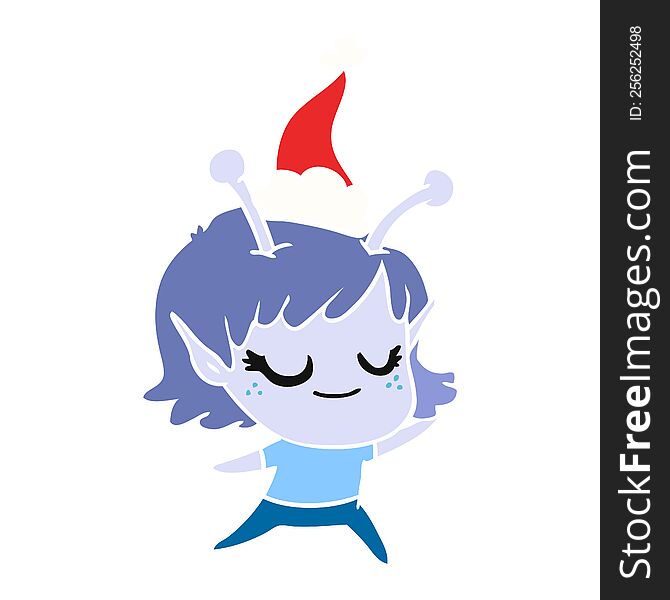 smiling alien girl hand drawn flat color illustration of a wearing santa hat