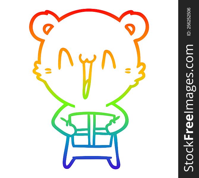 rainbow gradient line drawing of a happy bear with gift cartoon