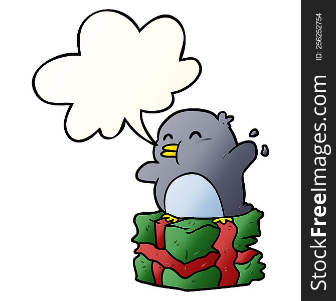 cartoon penguin on wrapped present with speech bubble in smooth gradient style