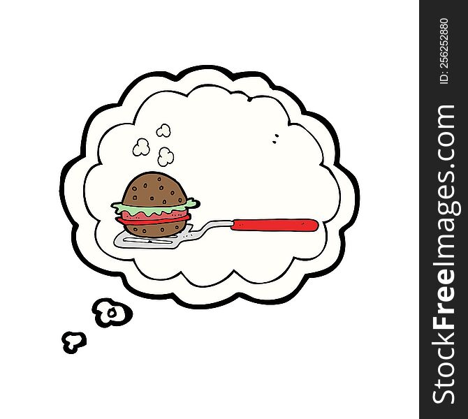 freehand drawn thought bubble cartoon spatula with burger
