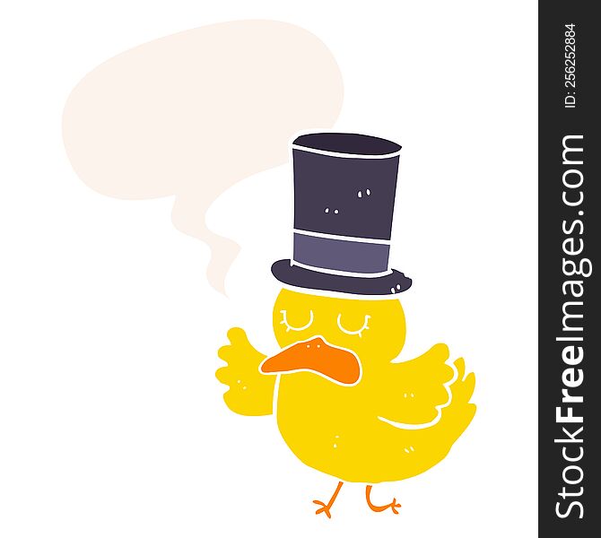 cartoon duck wearing top hat with speech bubble in retro style