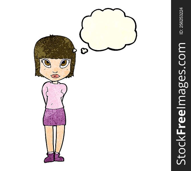 cartoon woman standing with thought bubble