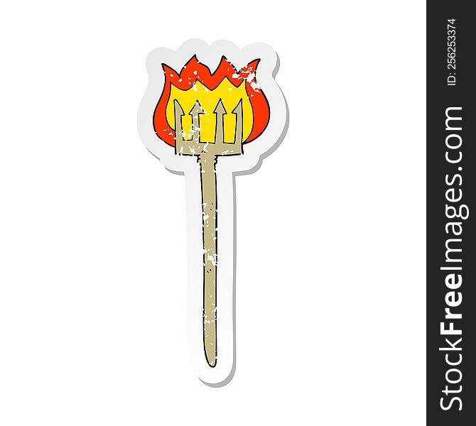 Retro Distressed Sticker Of A Cartoon Flaming Devil Fork