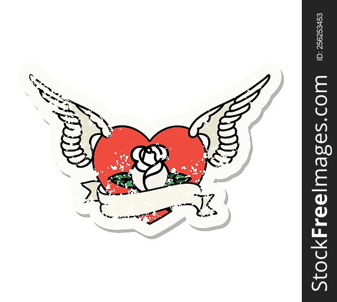 distressed sticker tattoo in traditional style of a flying heart with flowers and banner. distressed sticker tattoo in traditional style of a flying heart with flowers and banner