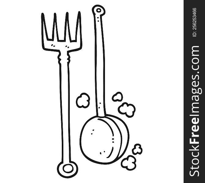 freehand drawn black and white cartoon old fireside tools