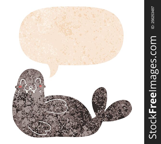 Cartoon Seal And Speech Bubble In Retro Textured Style