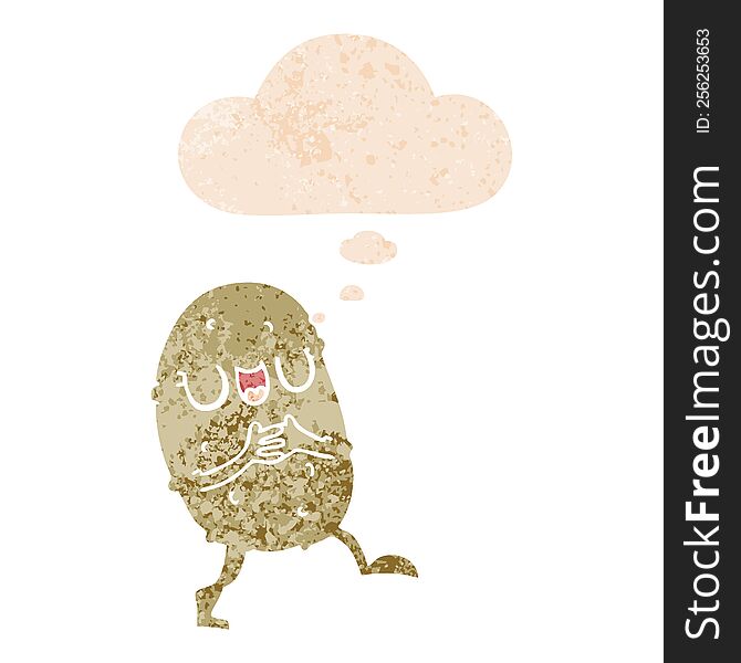 cartoon happy potato with thought bubble in grunge distressed retro textured style. cartoon happy potato with thought bubble in grunge distressed retro textured style