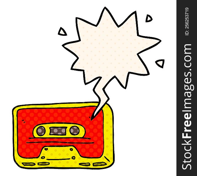 cartoon old tape cassette with speech bubble in comic book style