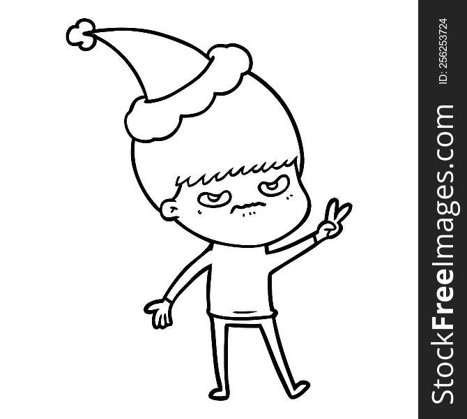 Annoyed Line Drawing Of A Boy Wearing Santa Hat