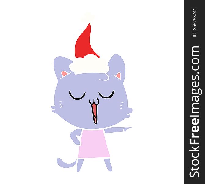 hand drawn flat color illustration of a cat singing wearing santa hat