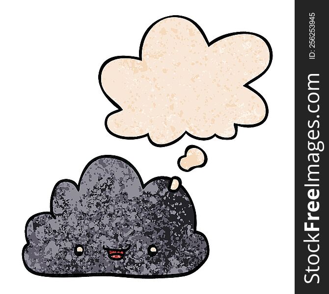 cartoon tiny happy cloud with thought bubble in grunge texture style. cartoon tiny happy cloud with thought bubble in grunge texture style